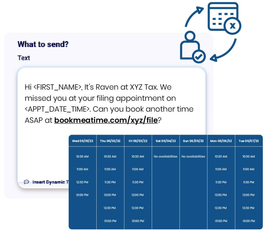 Text message template with calendar link to reschedule a missed tax appointment