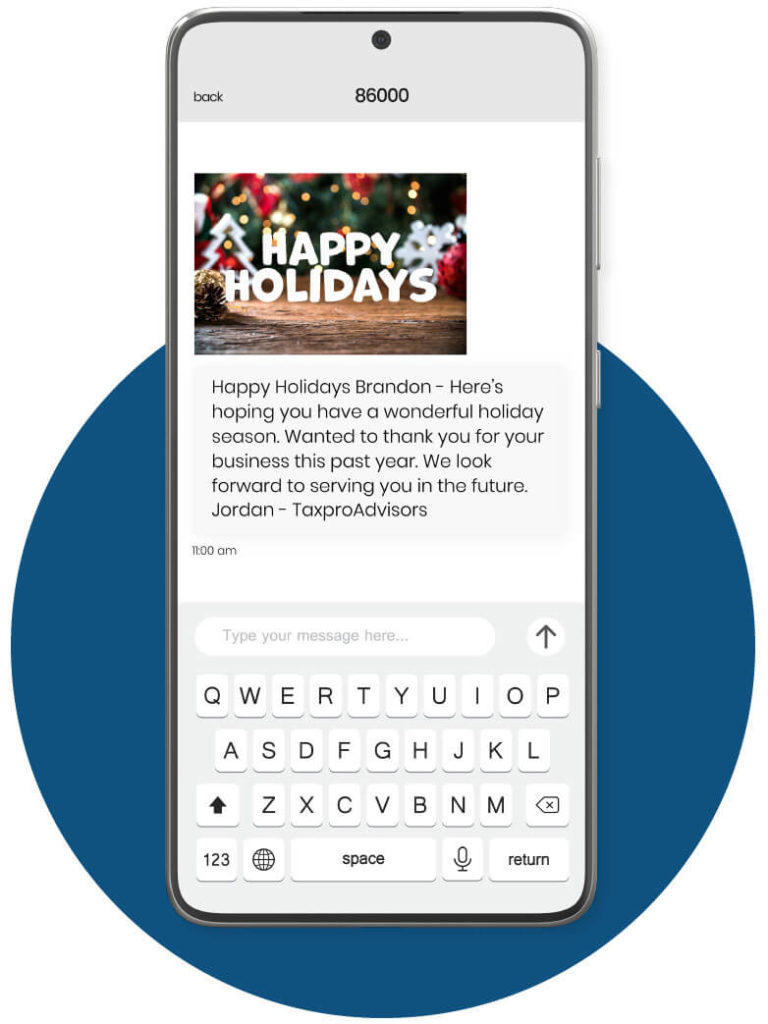 Happy Holidays text blast sent to tax clients from a tax professional
