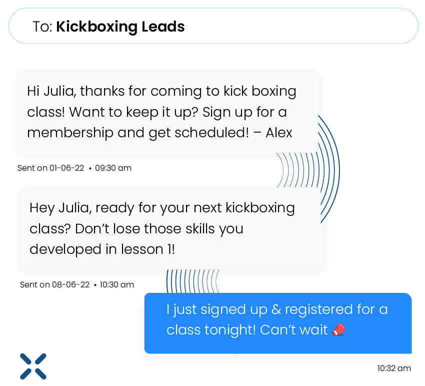 Fitness drip campaign how to guide: example showing a cadence of text messages for booking a member's next kickboxing session, and then the member confirming they booked