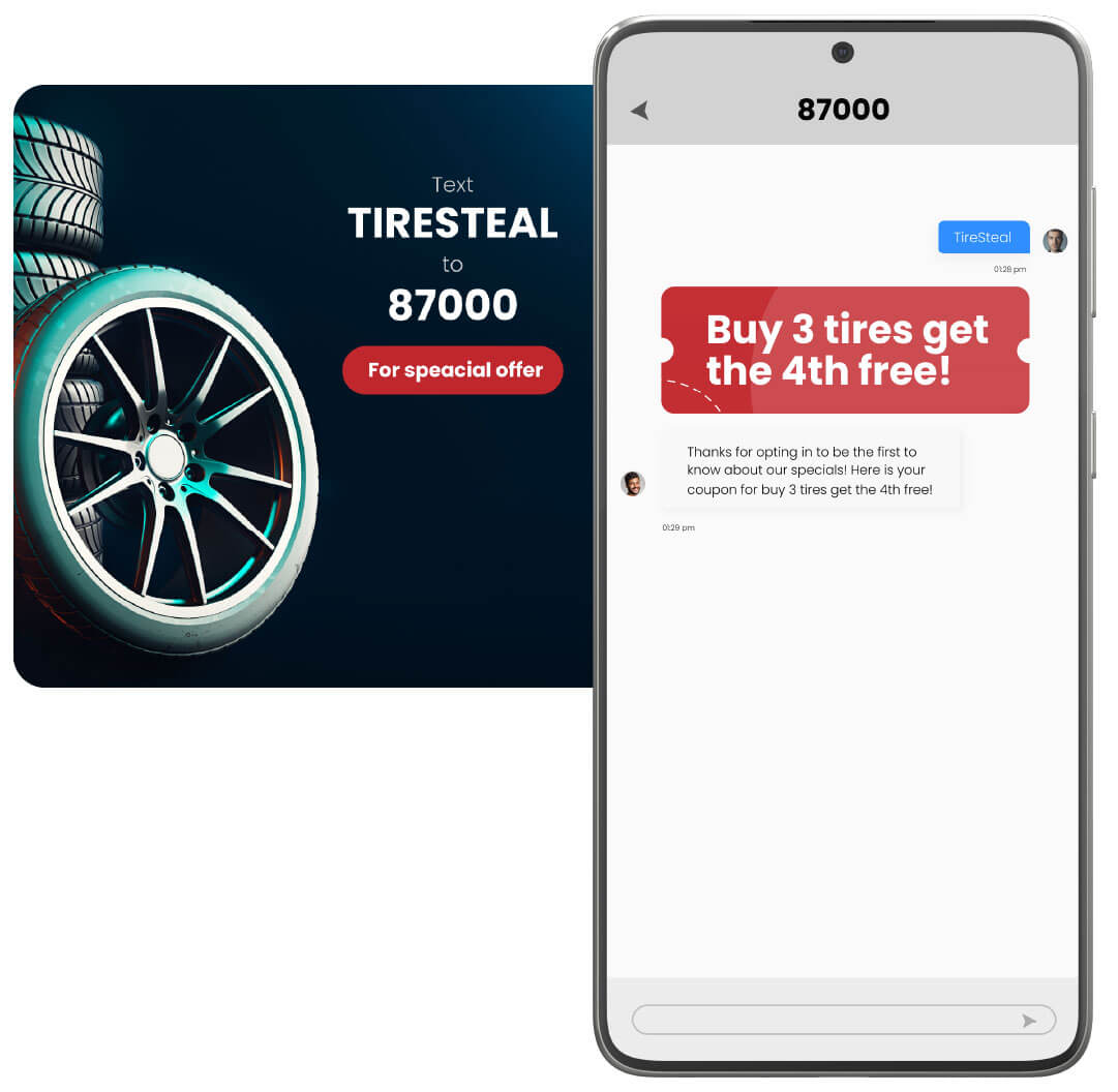 Opt-in keyword text to tire retailer for coupon