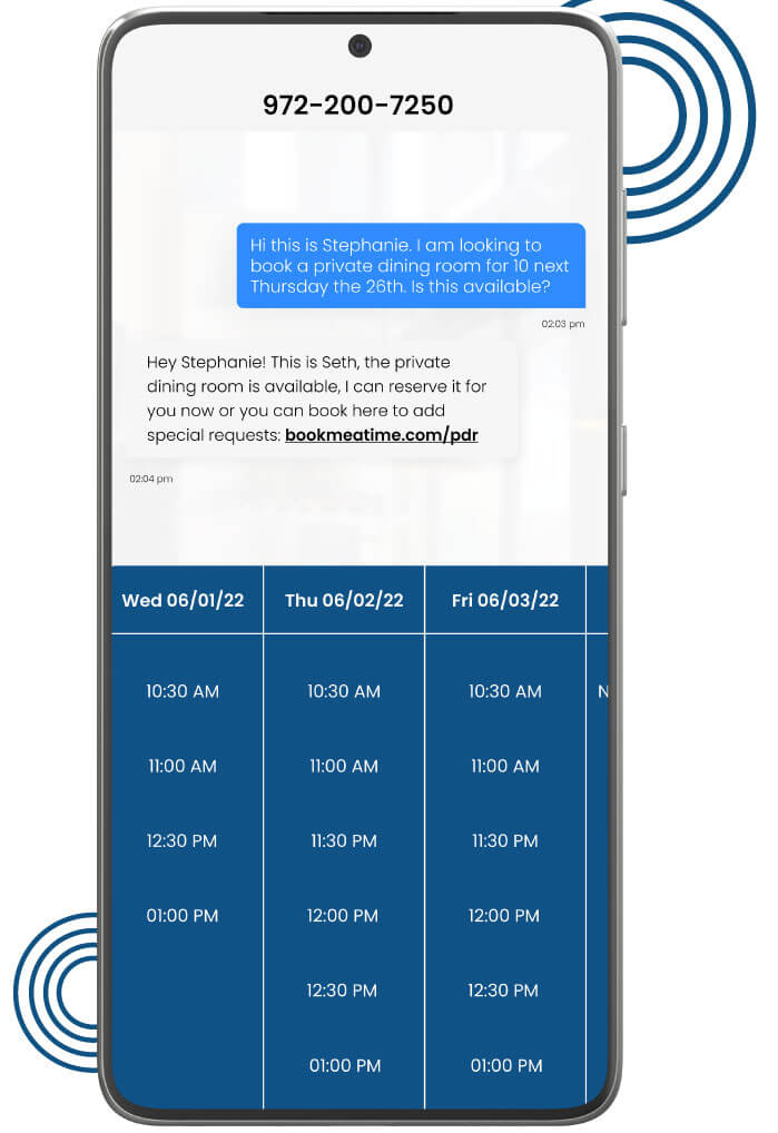 Restaurant text message reservation request example.