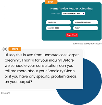 Speed to lead example: Contact form submission for carpet cleaning service, followed by an auto business text response 