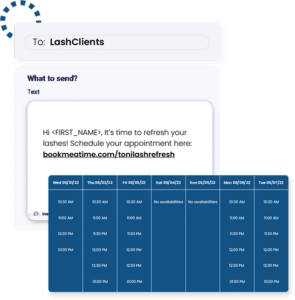 A text message template with a link for scheduling and appointment, to be sent to previous customers for re-marketing