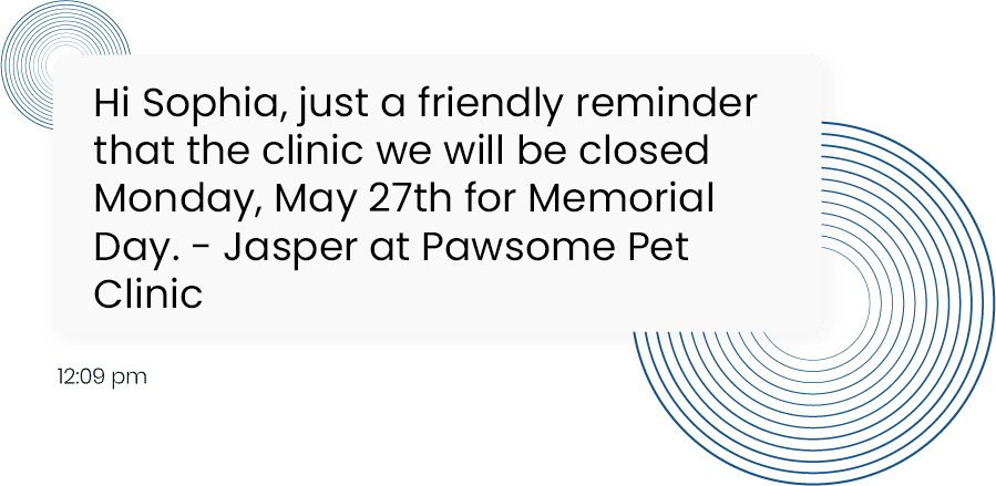 Pet clinic text message about being closed for Memorial Day.