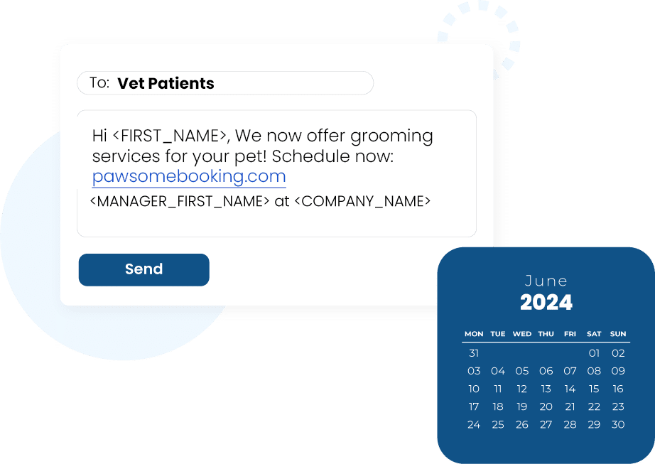 A text message template with a message drafted to vet patients about new grooming services being offered.