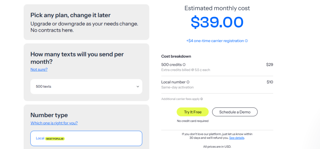 SimpleTexting pricing