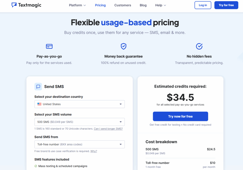 TextMagic's pricing plans
