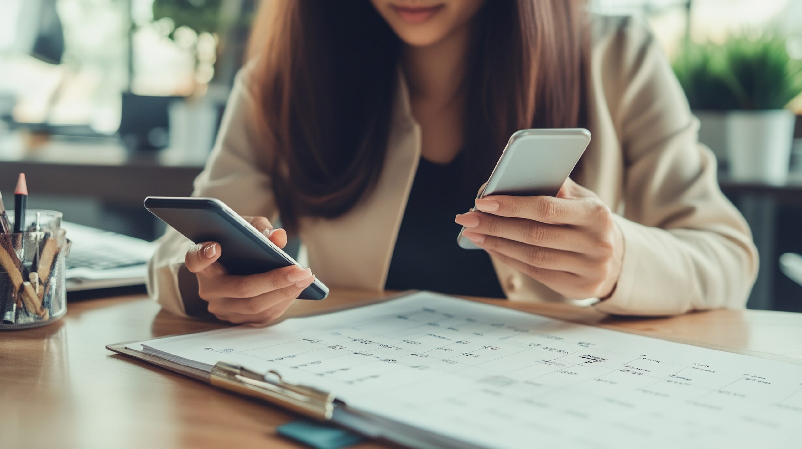 woman looking at a calendar and using a phone