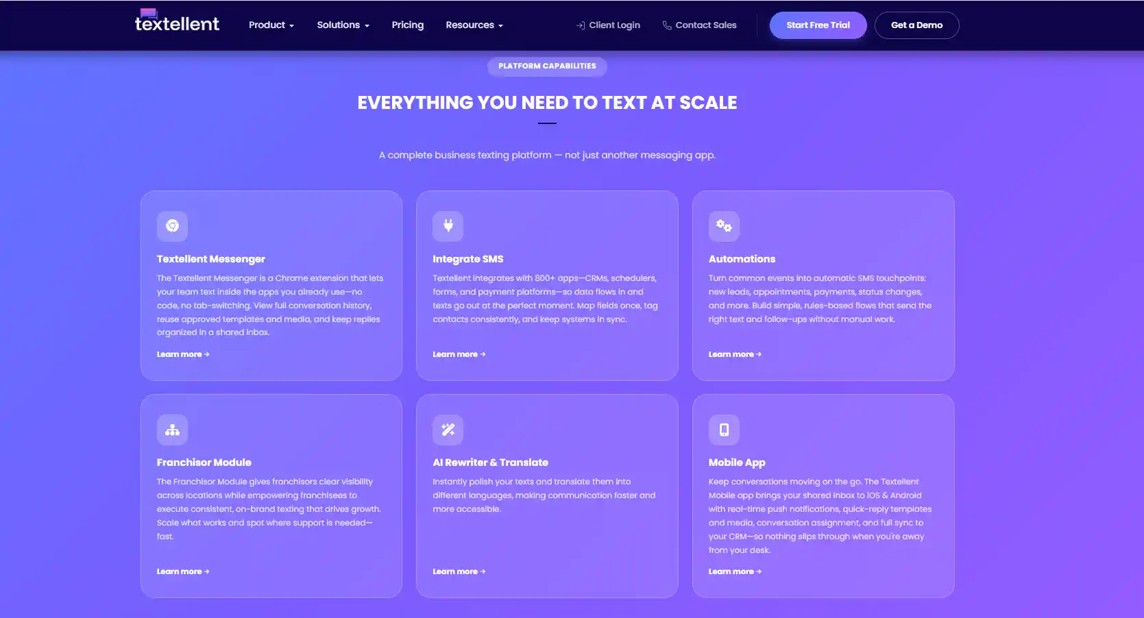 Textellent platform capabilities screenshot showing messenger, integrations, automations, and AI tools