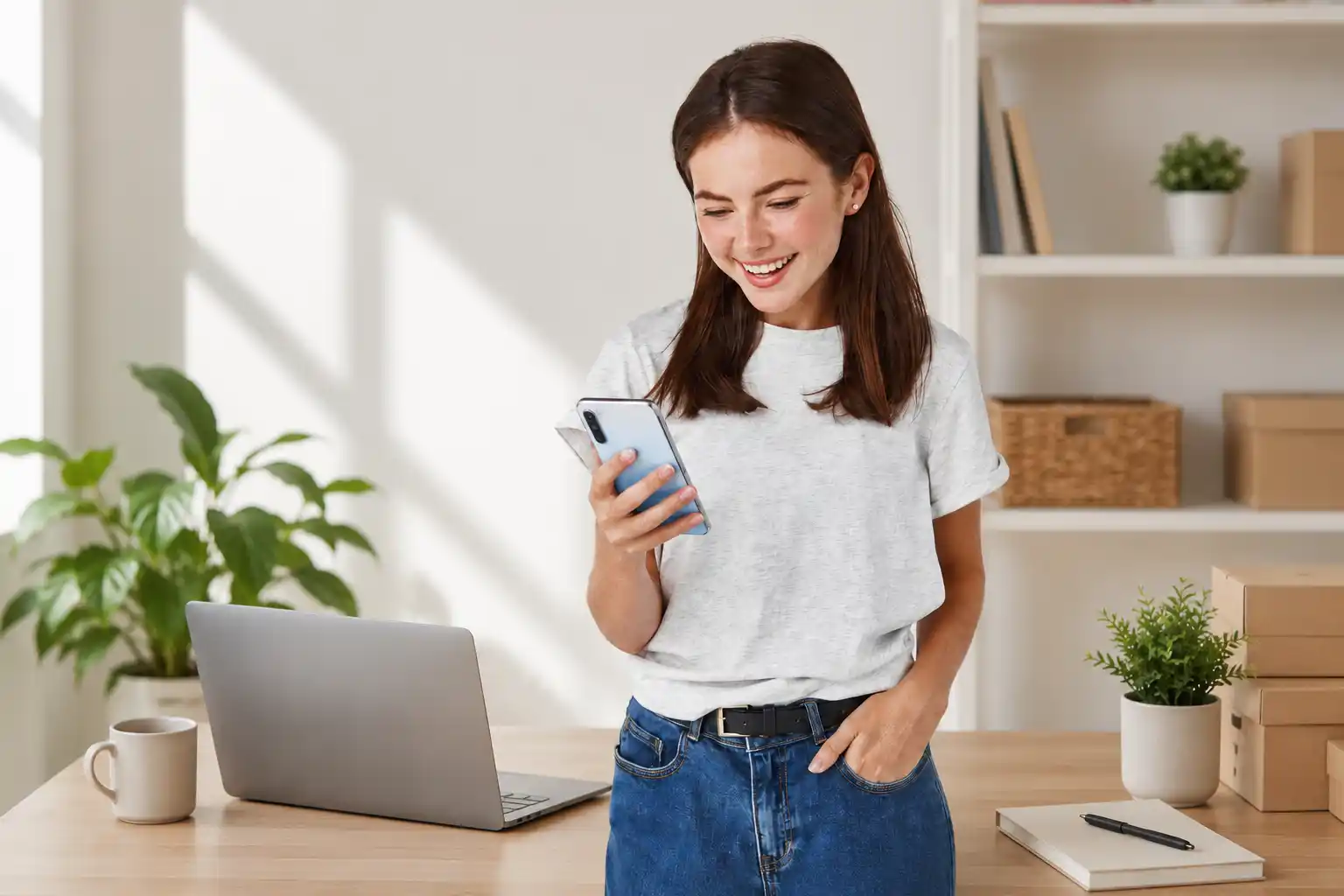Woman smiling while checking a message on her phone next to her laptop