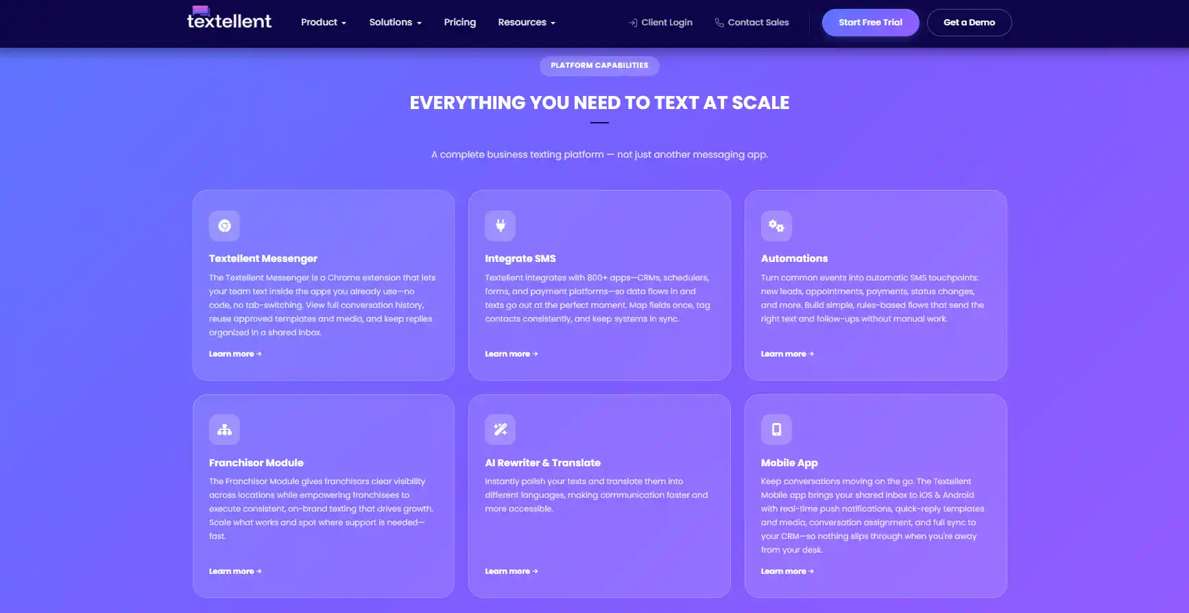 Textellent platform capabilities screenshot showing messenger, integrations, automations, and AI tools